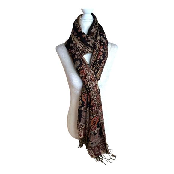 Vintage Black Earth Tones Paisley Pashmina Shawl Scarf with Fringe Tassels - Picture 2 of 5